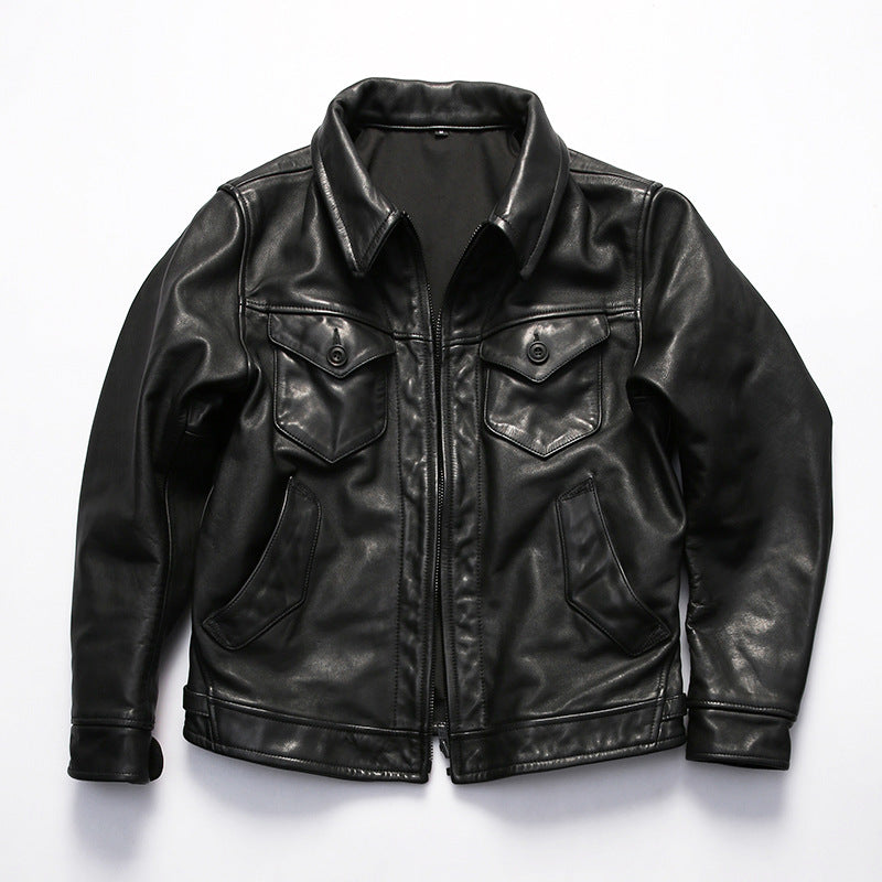 Genuine leather jacket for men, lapel motorcycle style, calfskin leather coat