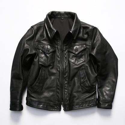 Genuine leather jacket for men, lapel motorcycle style, calfskin leather coat