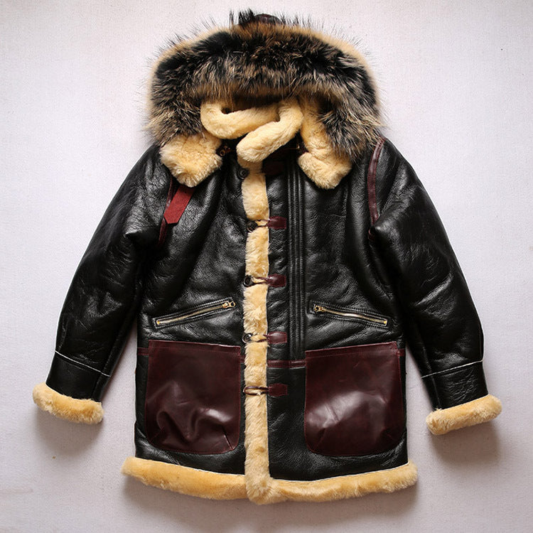 B7 Flight Suit Sheepskin Jacket with Detachable Hood, Mid-Length, Sheepskin