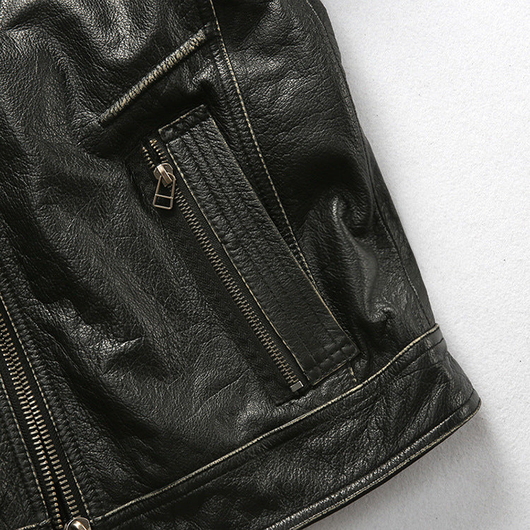 Men's motorcycle jacket with stand collar and distressed cowhide leather jacket