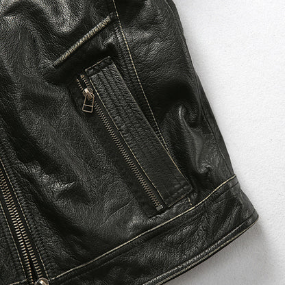 Men's motorcycle jacket with stand collar and distressed cowhide leather jacket