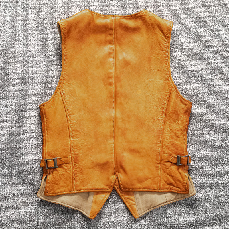 Men's vintage top layer sheepskin washed leather vest