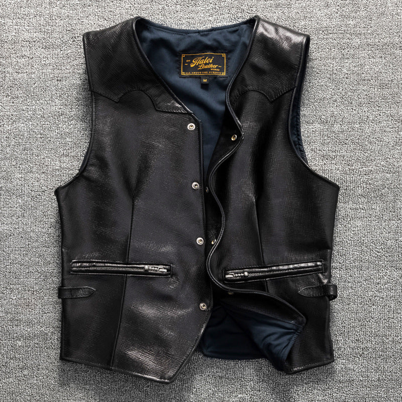 Men's vintage top layer sheepskin leather casual vest