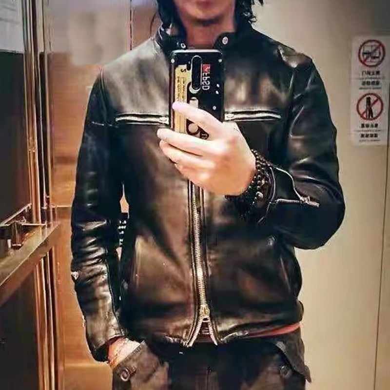 Men's vintage washed genuine leather jacket with stand-up collar made of vegetable-tanned sheepskin.