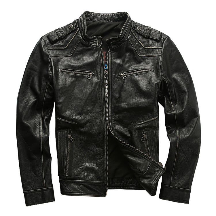 Men's motorcycle jacket with stand collar and distressed cowhide leather jacket