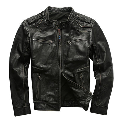 Men's motorcycle jacket with stand collar and distressed cowhide leather jacket