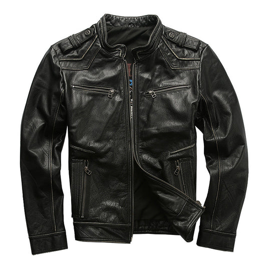 Men's motorcycle jacket with stand collar and distressed cowhide leather jacket