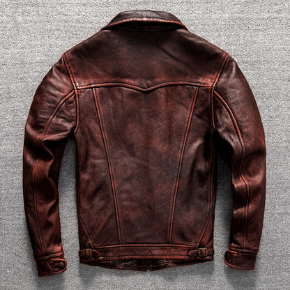 Vintage top layer cowhide men's lapel motorcycle suit genuine leather jacket
