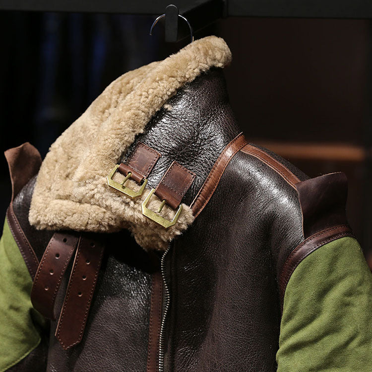 B3 Men's Shearling Pilot Jacket, Canvas Horsehide Genuine Leather Jacket