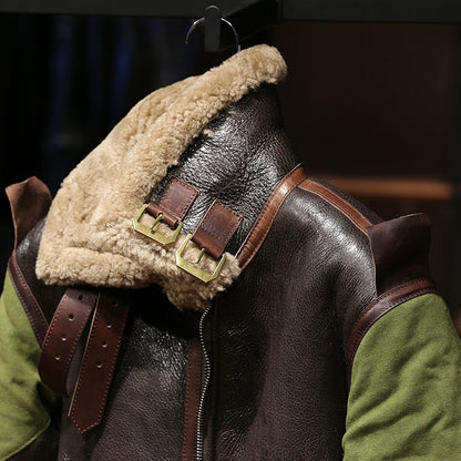 B3 Men's Shearling Pilot Jacket, Canvas Horsehide Genuine Leather Jacket