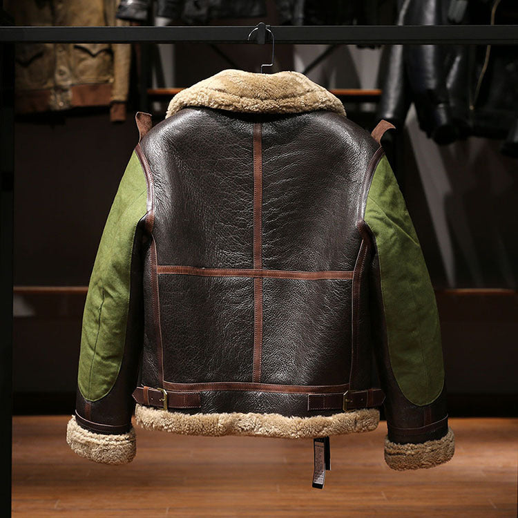 B3 Men's Shearling Pilot Jacket, Canvas Horsehide Genuine Leather Jacket
