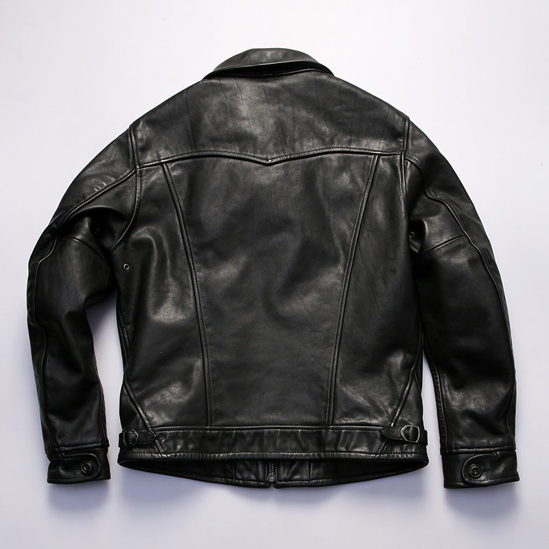 Genuine leather jacket for men, lapel motorcycle style, calfskin leather coat