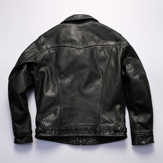 Genuine leather jacket for men, lapel motorcycle style, calfskin leather coat