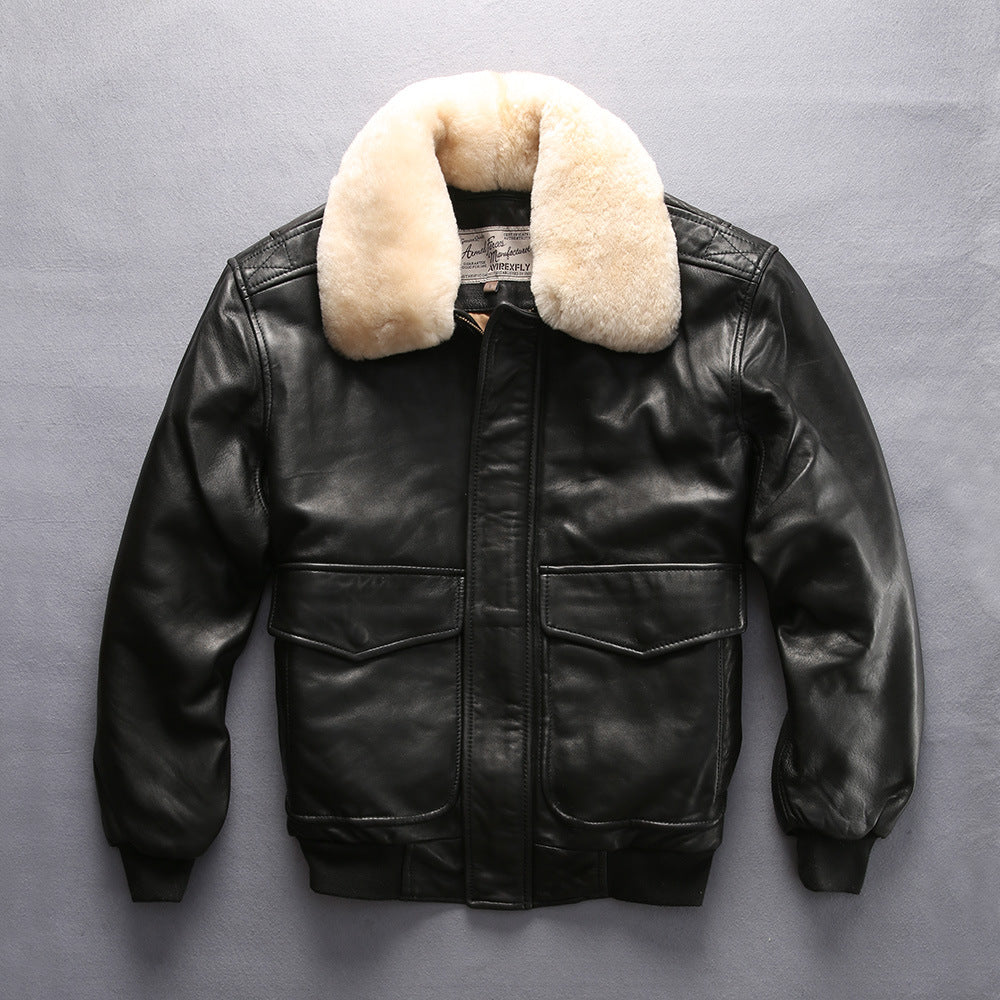 Men's sheepskin jacket with wool collar, casual aviation flight suit leather coat.