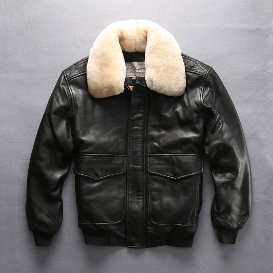 Men's sheepskin jacket with wool collar, casual aviation flight suit leather coat.