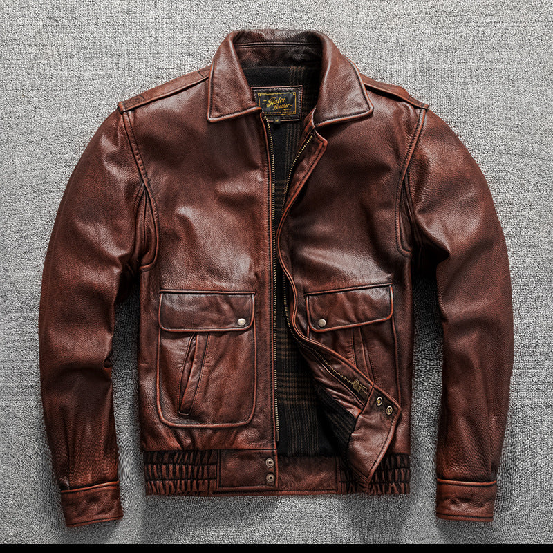 Vintage men's flight suit first layer cowhide leather motorcycle jacket autumn and winter jacket