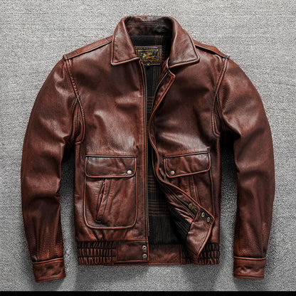 Vintage men's flight suit first layer cowhide leather motorcycle jacket autumn and winter jacket