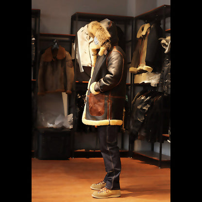 B7 Flight Suit Sheepskin Jacket with Detachable Hood, Mid-Length, Sheepskin