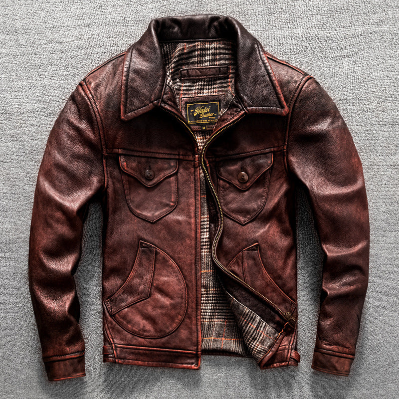 Vintage top layer cowhide men's lapel motorcycle suit genuine leather jacket