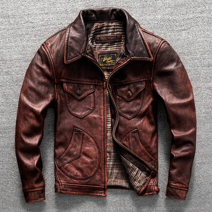 Vintage top layer cowhide men's lapel motorcycle suit genuine leather jacket