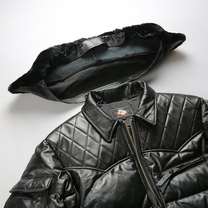 Men's winter motorcycle-style patchwork horsehide and sheepskin down jacket, genuine leather down jacket
