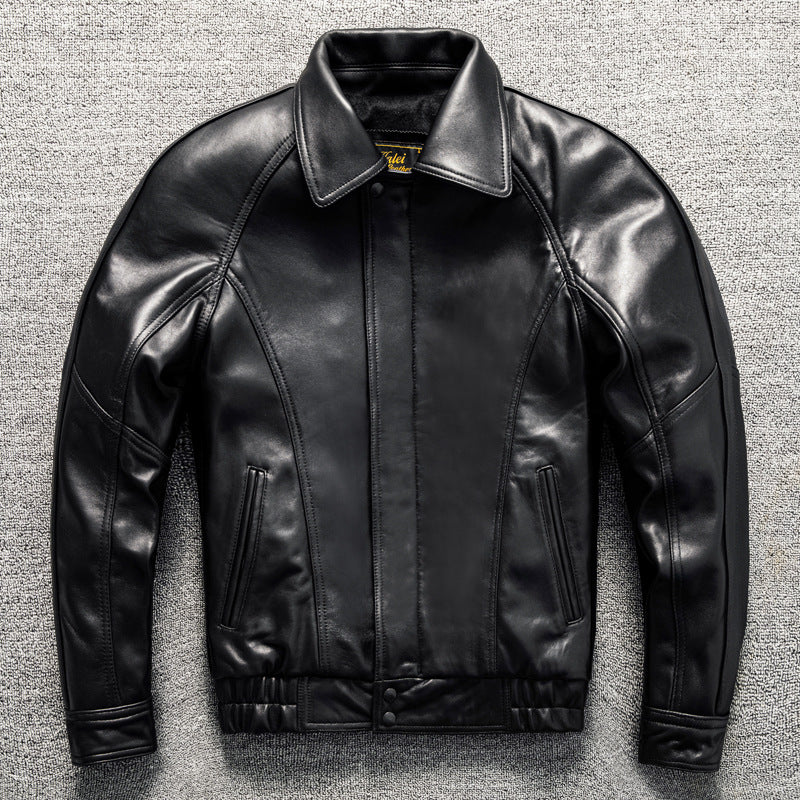 Men's casual short lapel leather jacket made of top-grain sheepskin