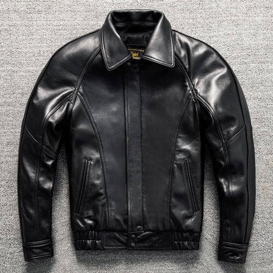 Men's casual short lapel leather jacket made of top-grain sheepskin