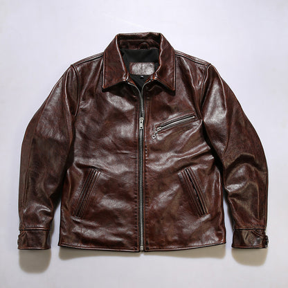 Brown vegetable tanned waxed cowhide leather lapel 1930 casual leather jacket