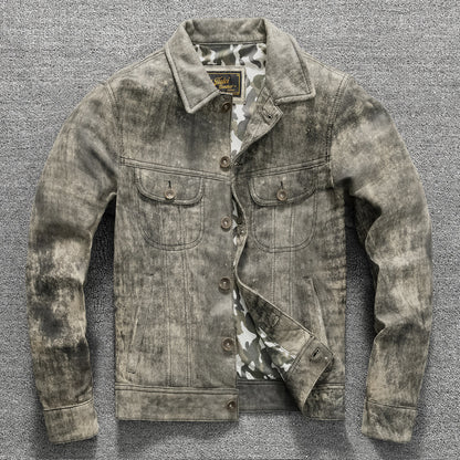 Men's top layer sheepskin leather jacket vintage leather jacket lapel short slim fit distressed gray coat