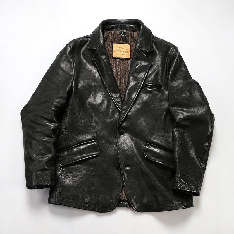 Men's American Vegetable Tanned Sheepskin Motorcycle Crinkled Leather Jacket