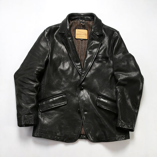 Men's American Vegetable Tanned Sheepskin Motorcycle Crinkled Leather Jacket