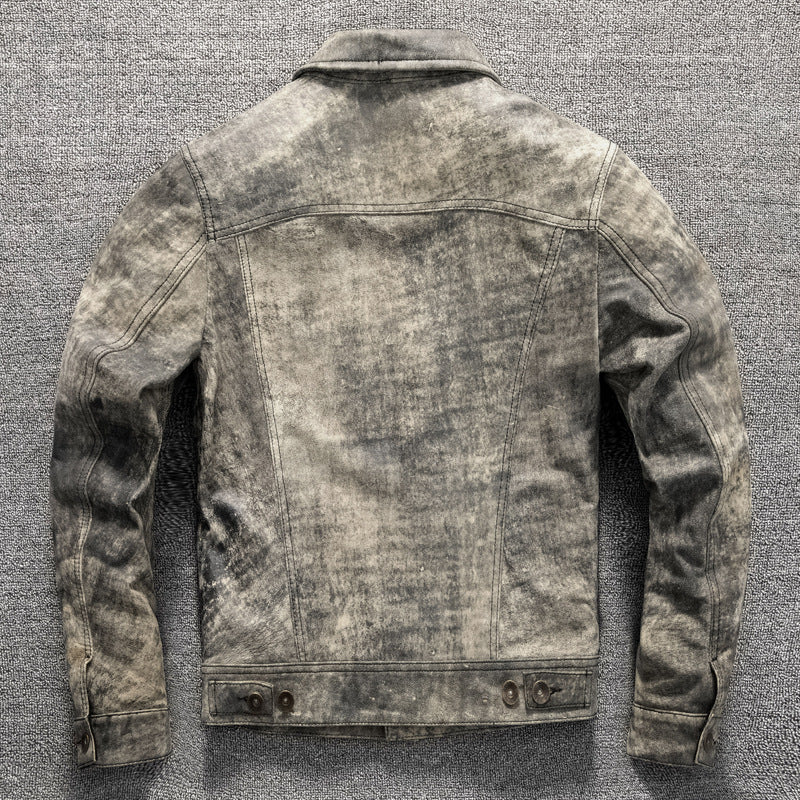 Men's top layer sheepskin leather jacket vintage leather jacket lapel short slim fit distressed gray coat