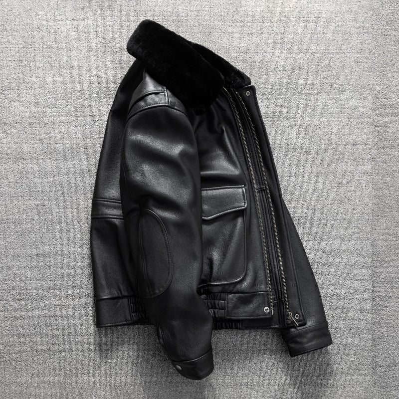 Top layer cowhide genuine leather jacket flight suit fur collar casual men's short autumn and winter large size jacket