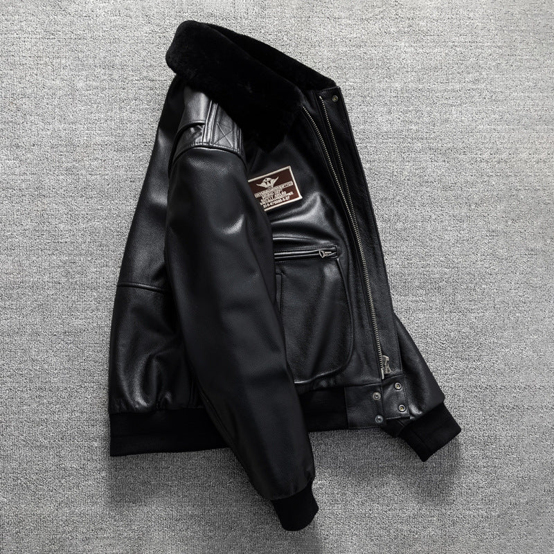 Men's winter large size top layer cowhide genuine leather jacket with fur collar flight suit jacket
