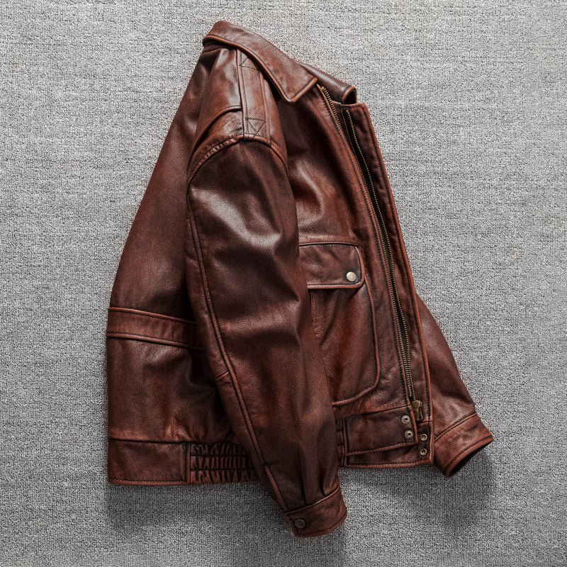 Vintage men's flight suit first layer cowhide leather motorcycle jacket autumn and winter jacket