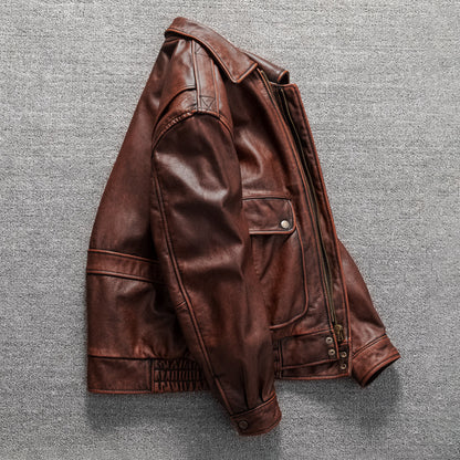 Vintage men's flight suit first layer cowhide leather motorcycle jacket autumn and winter jacket