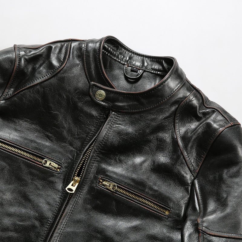 Japanese style motorcycle jacket J100 men's slim fit short genuine leather jacket