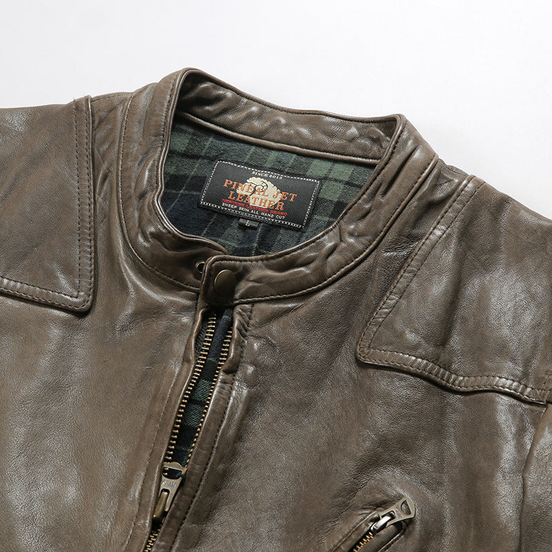 Men's sheepskin leather jacket, movie style stand collar genuine leather jacket