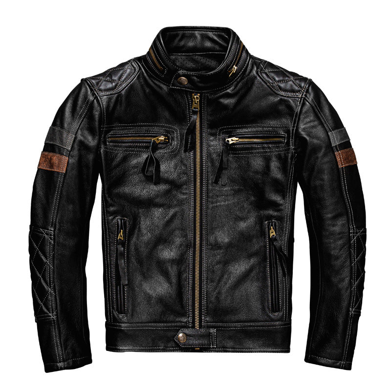 Men's top layer cowhide genuine leather jacket with stand collar motorcycle jacket and protective gear