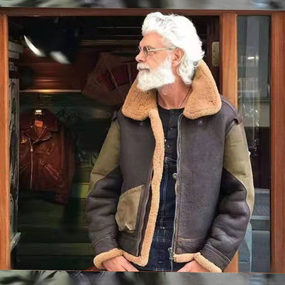 B3 Men's Shearling Pilot Jacket, Canvas Horsehide Genuine Leather Jacket