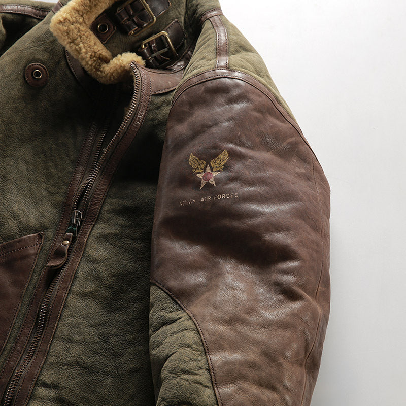 Genuine sheepskin flight jacket, men's coat, Patton General B3 distressed leather shearling.