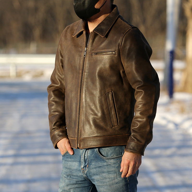 Retro American style genuine leather jacket for men, casual replica RL cowhide leather coat