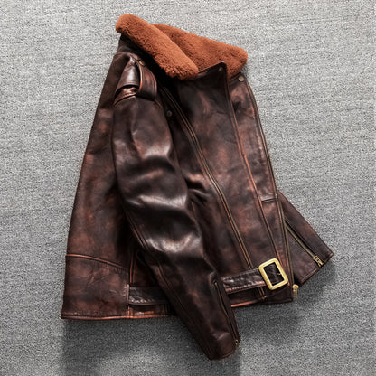 Men's top layer cowhide fur collar motorcycle jacket genuine leather jacket autumn and winter