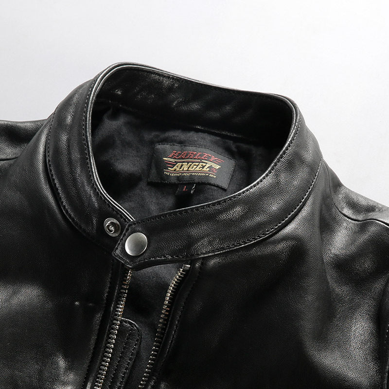 Men's vintage washed genuine leather jacket with stand-up collar made of vegetable-tanned sheepskin.