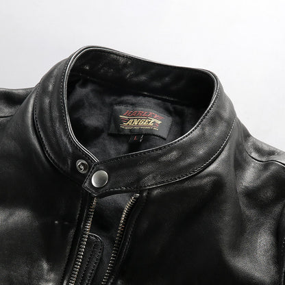 Men's vintage washed genuine leather jacket with stand-up collar made of vegetable-tanned sheepskin.