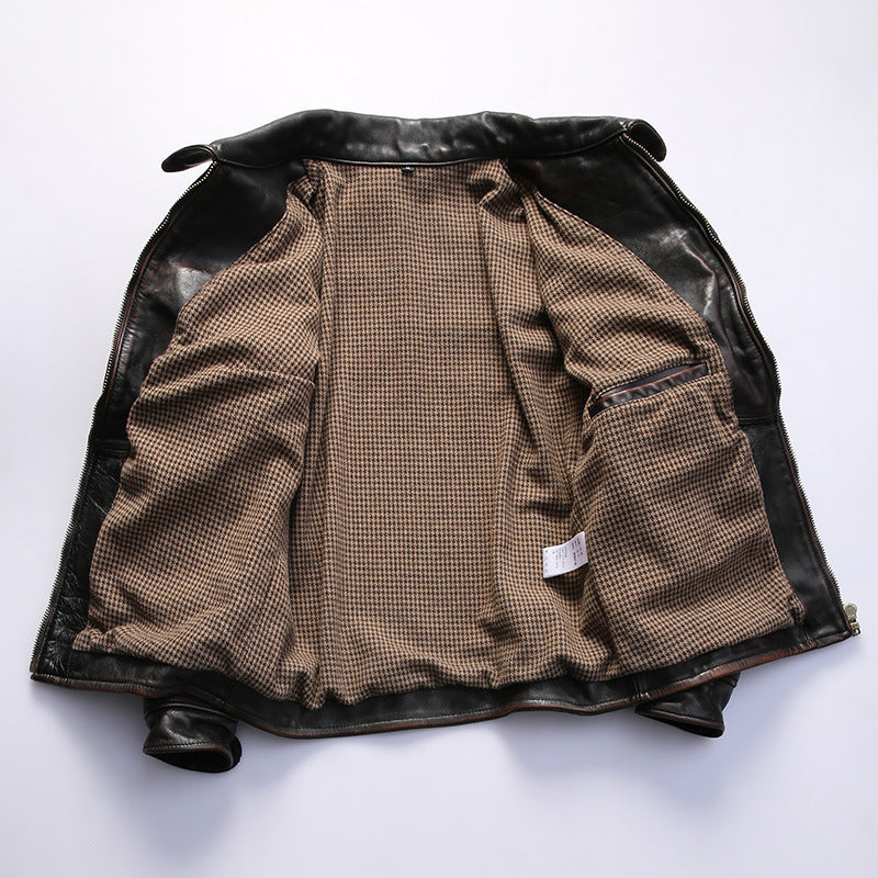 Farmer distressed vegetable tanned cowhide leather jacket for men with lapel