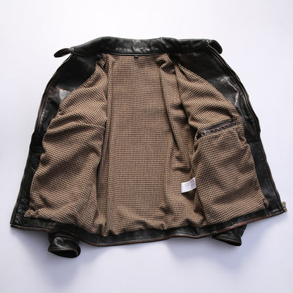 Farmer distressed vegetable tanned cowhide leather jacket for men with lapel
