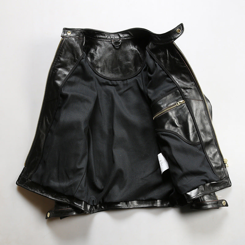 Japanese style motorcycle jacket J100 men's slim fit short genuine leather jacket