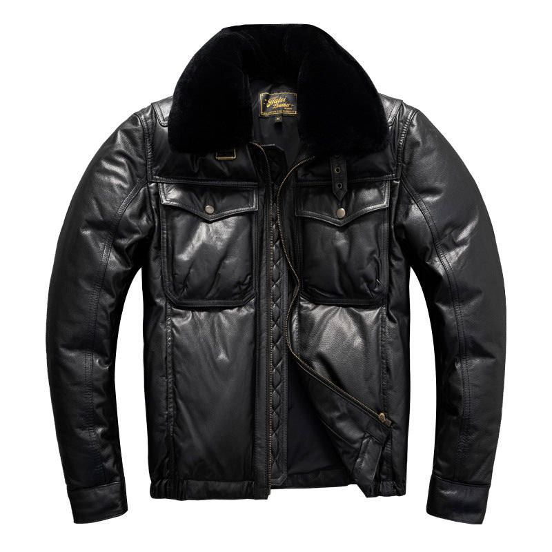 Large size men's top layer cowhide genuine leather down jacket, windproof and warm, simple winter jacket