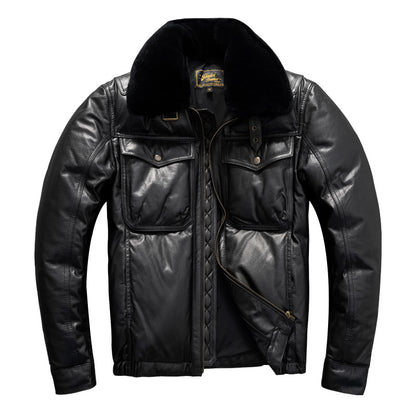 Large size men's top layer cowhide genuine leather down jacket, windproof and warm, simple winter jacket